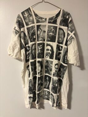 Bob Marley Catch A Fire White and Black Photo Collage Rap Tee T-Shirt Mens 2X